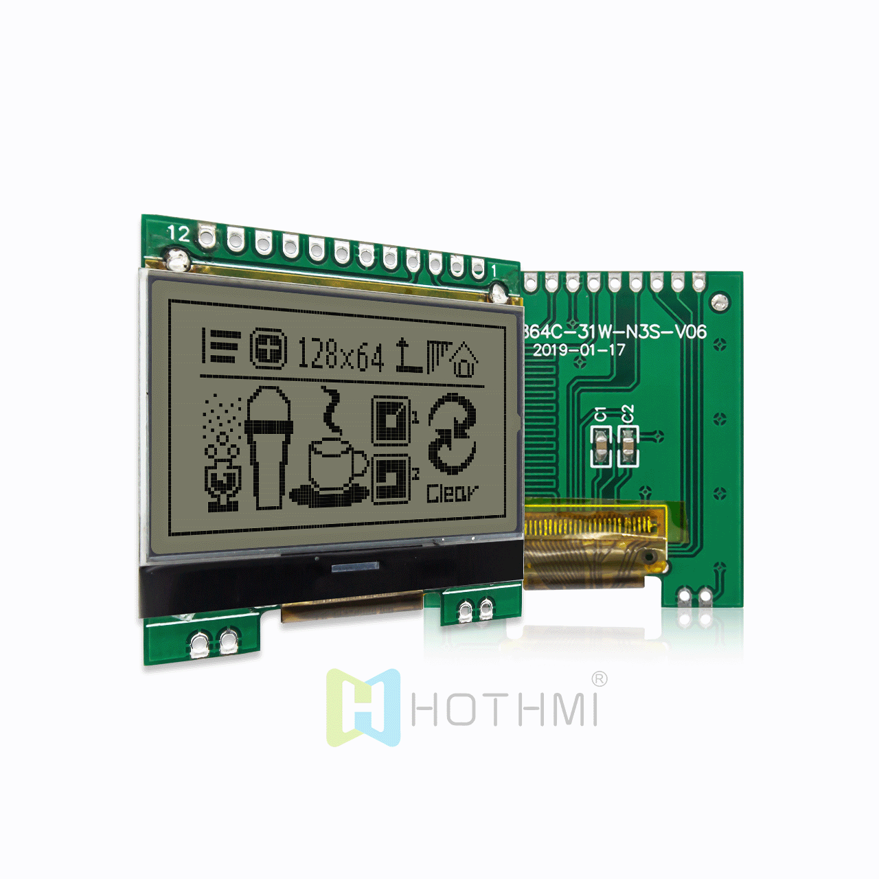 1.7英寸图形点阵模块/128x64分辨率/红绿蓝背光/ST7567控制芯片/SPI