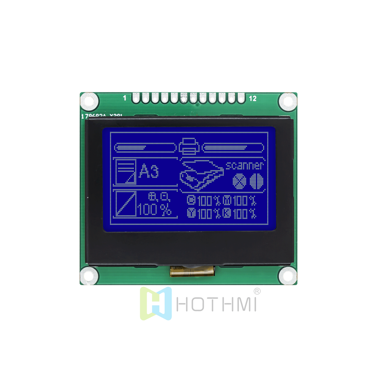 2-inch 128 x 64 LCD Graphic Liquid Crystal Display Module | 12864 Graphic Dot Matrix Module | STN Negative Display | White Text on Blue Background