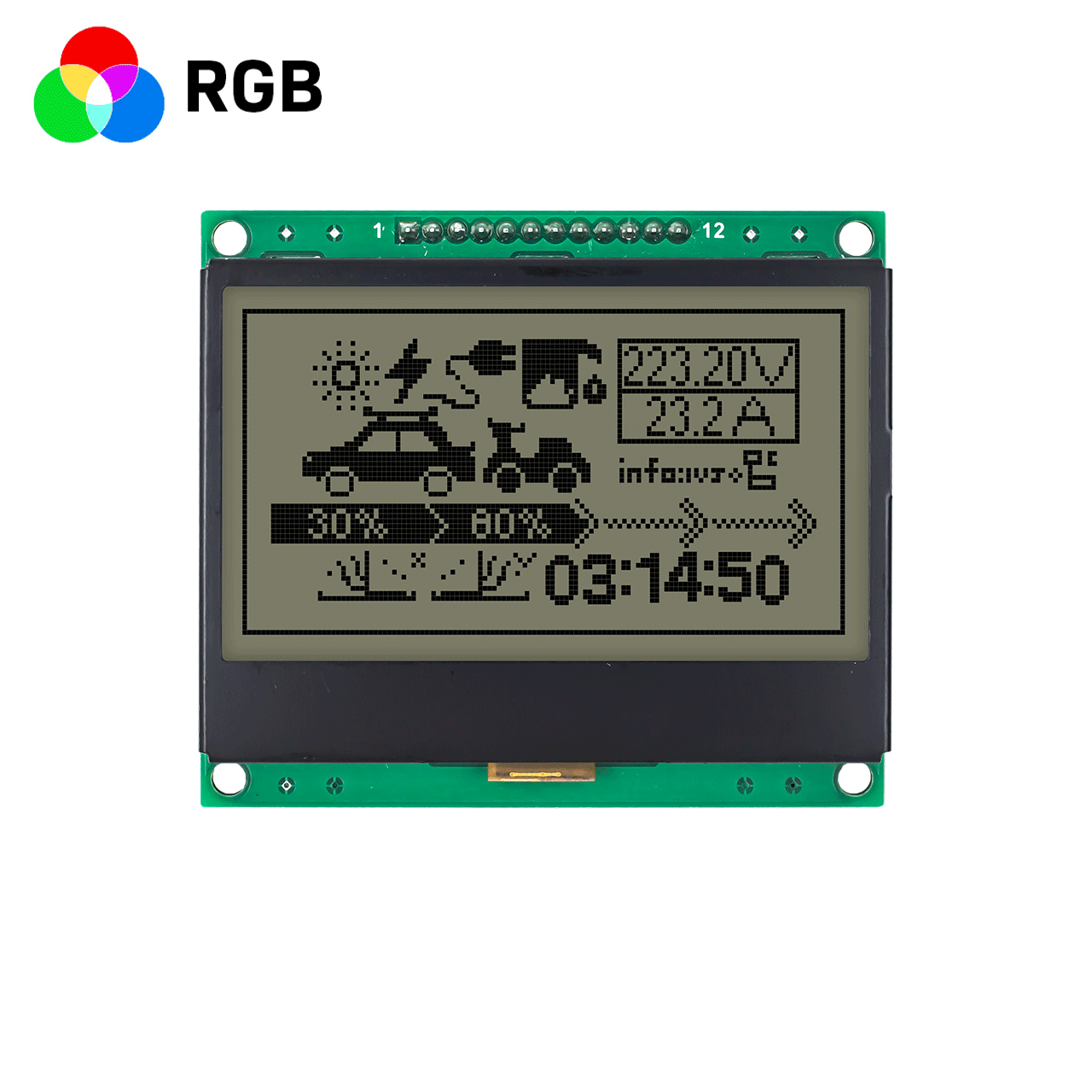 128x64 图形 LCD 显示模块 | 3 英寸图形液晶显示模组 | 3.3V | FSTN +RGB红绿蓝背光 |Arduino