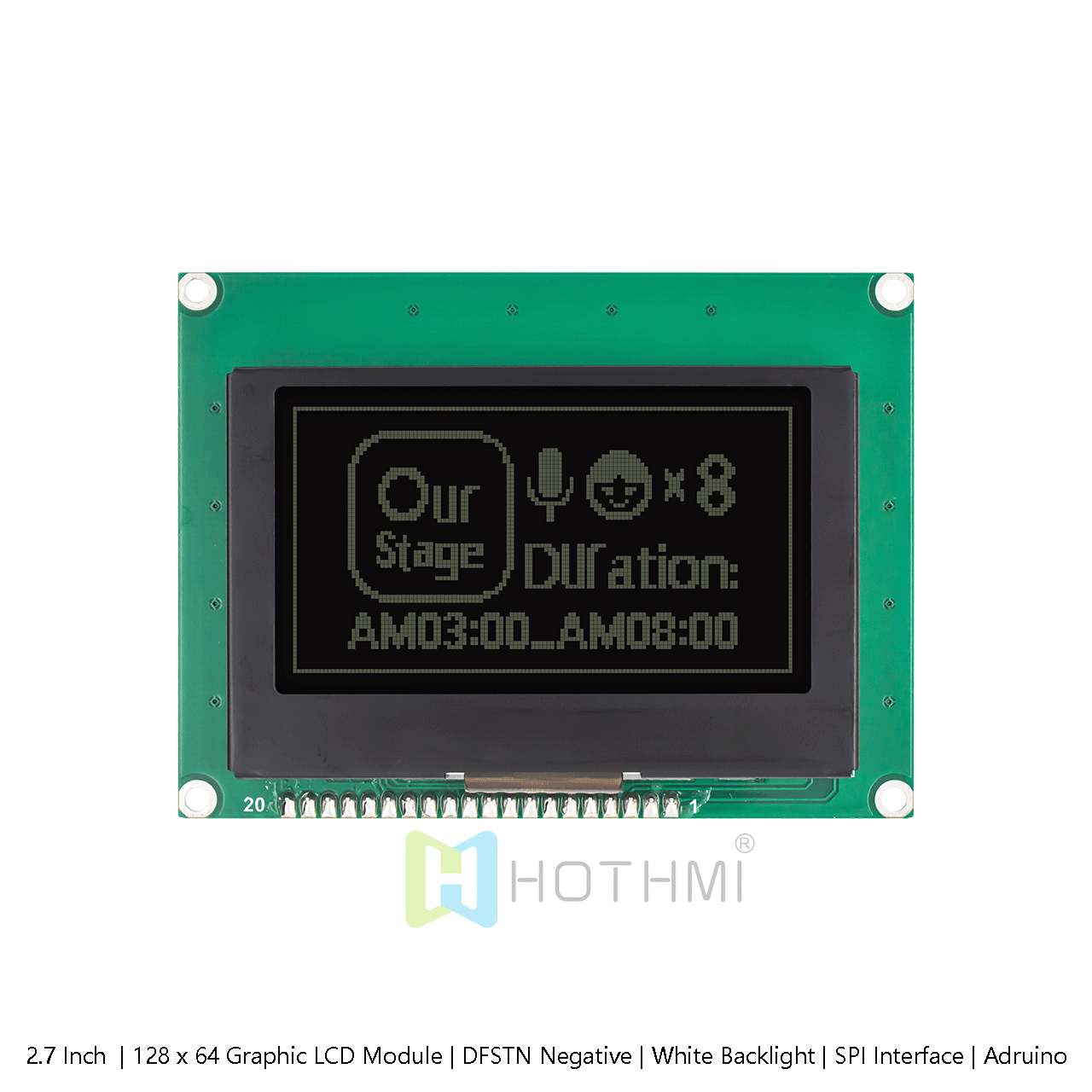 2.7 英寸图形128x64图形液晶显示屏 | DFSTN负向 | 白色背光 | SPI 接口 | Arduino | 黑底白字