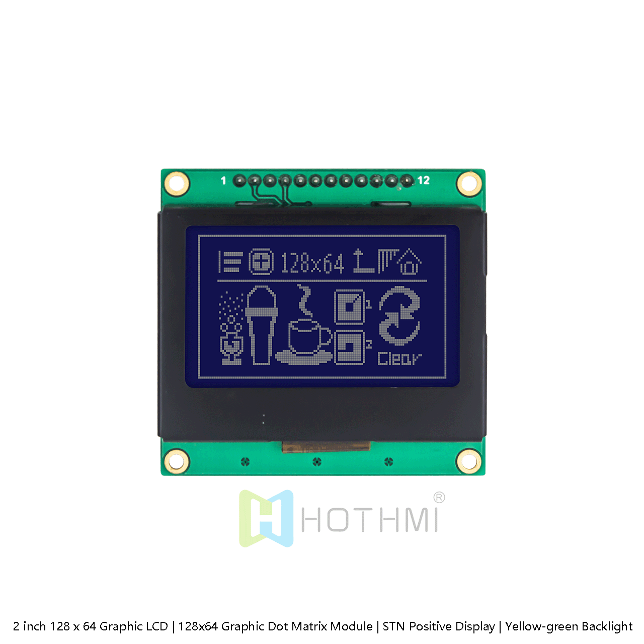 2英寸128 x 64 图形液晶显示屏 | 适用于 Arduino  | 白色背光 | 128x64 图形 LCD 模块 | ST7567 SPI | STN 负向显示 |蓝底白字