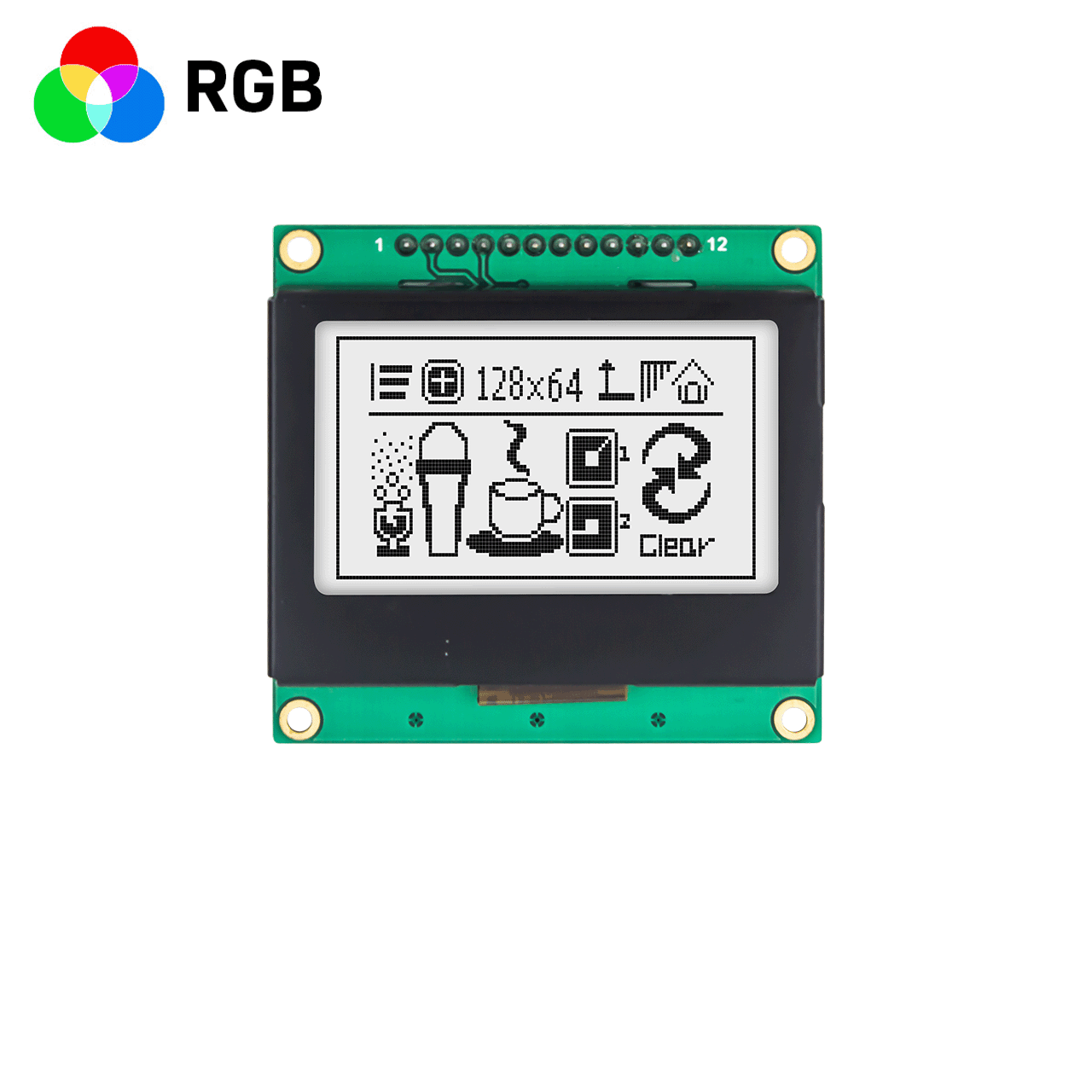 2 英寸128x64 图形LCD | 128 x 64 图形 LCD | FSTN 正极 | SPI 接口 | RGB红绿蓝背光