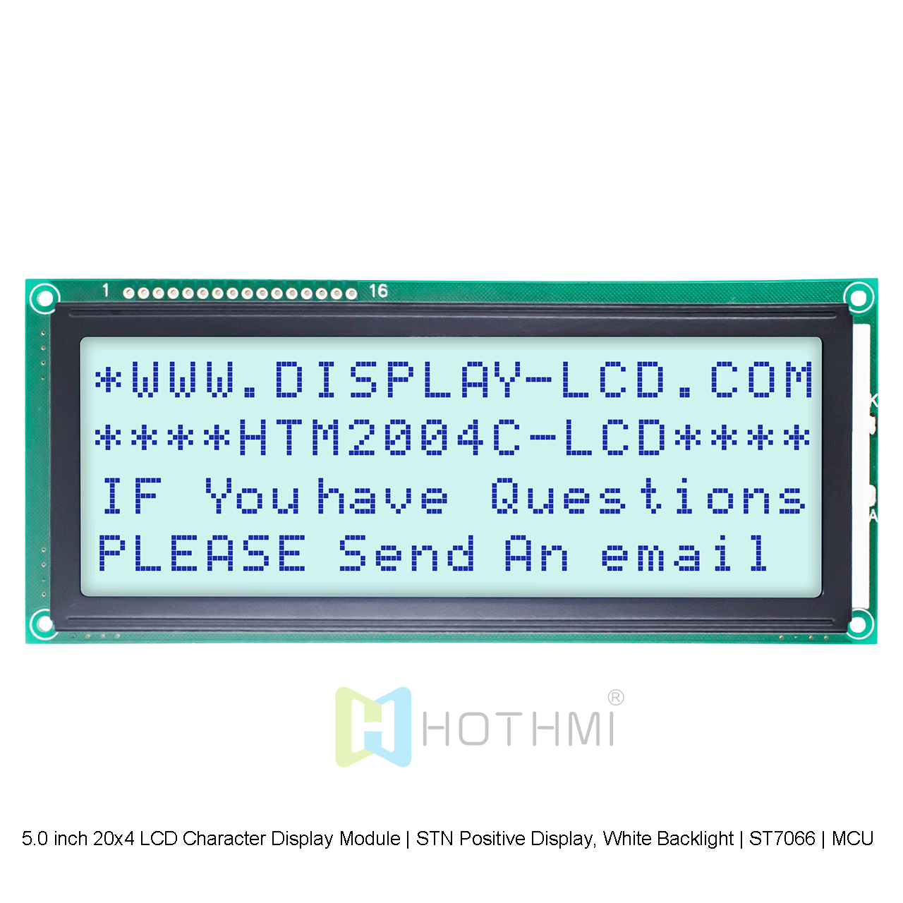 5.0 英寸 20x4 LCD 字符显示模块 | STN 正片显示，白色背光 | ST7066 | MCU 接口 | 灰底蓝字 | 适用于Arduino