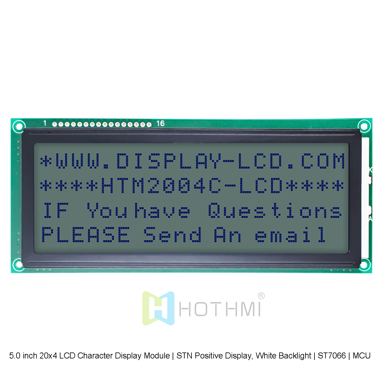 5.0 英寸 20x4 LCD 字符显示模块 | STN 正片显示，白色背光 | ST7066 | MCU 接口 | 灰底蓝字 | 适用于Arduino