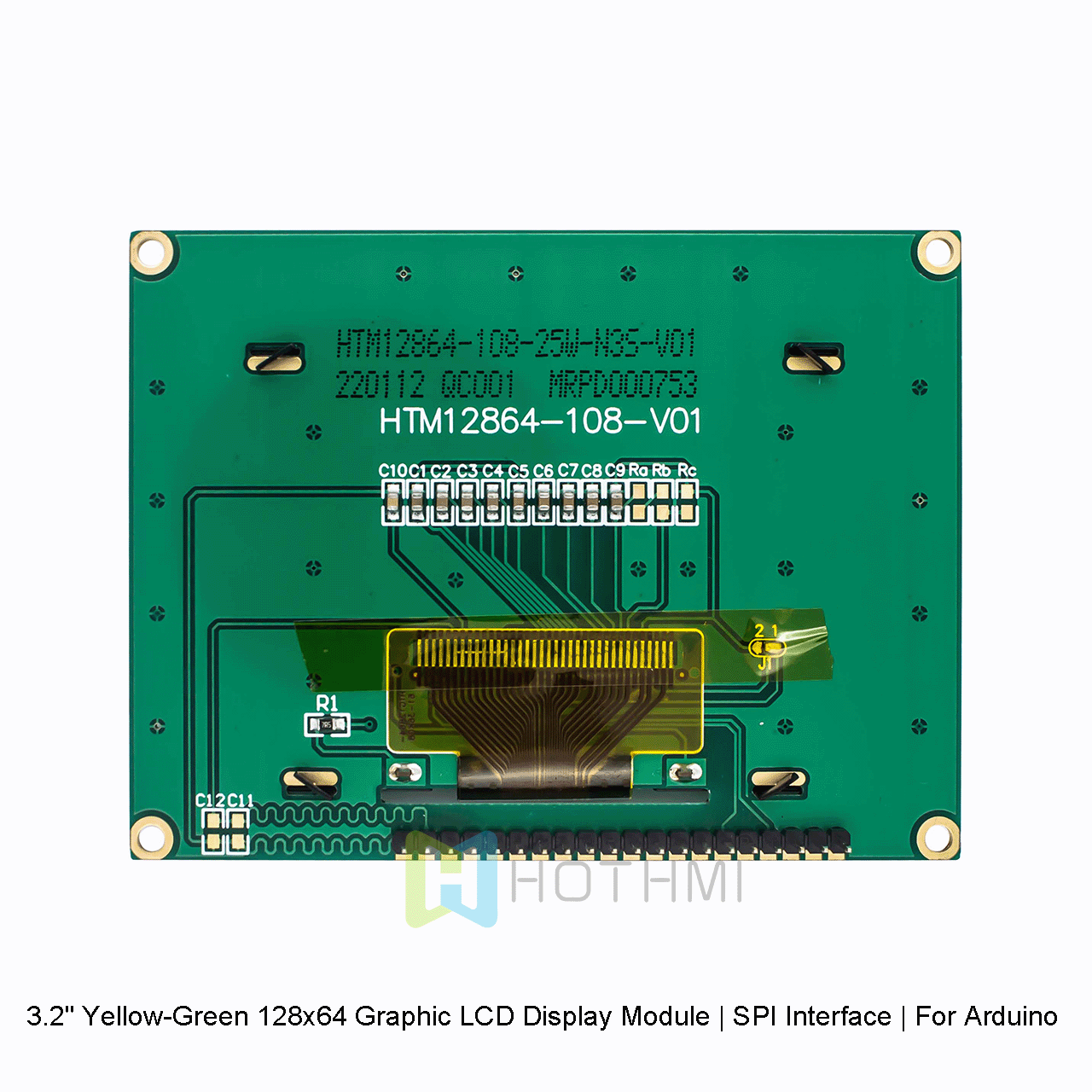 3.2英寸黄绿色128x64图形液晶 LCD 显示模块 | SPI接口 | 适用于 Arduino | 3.3V