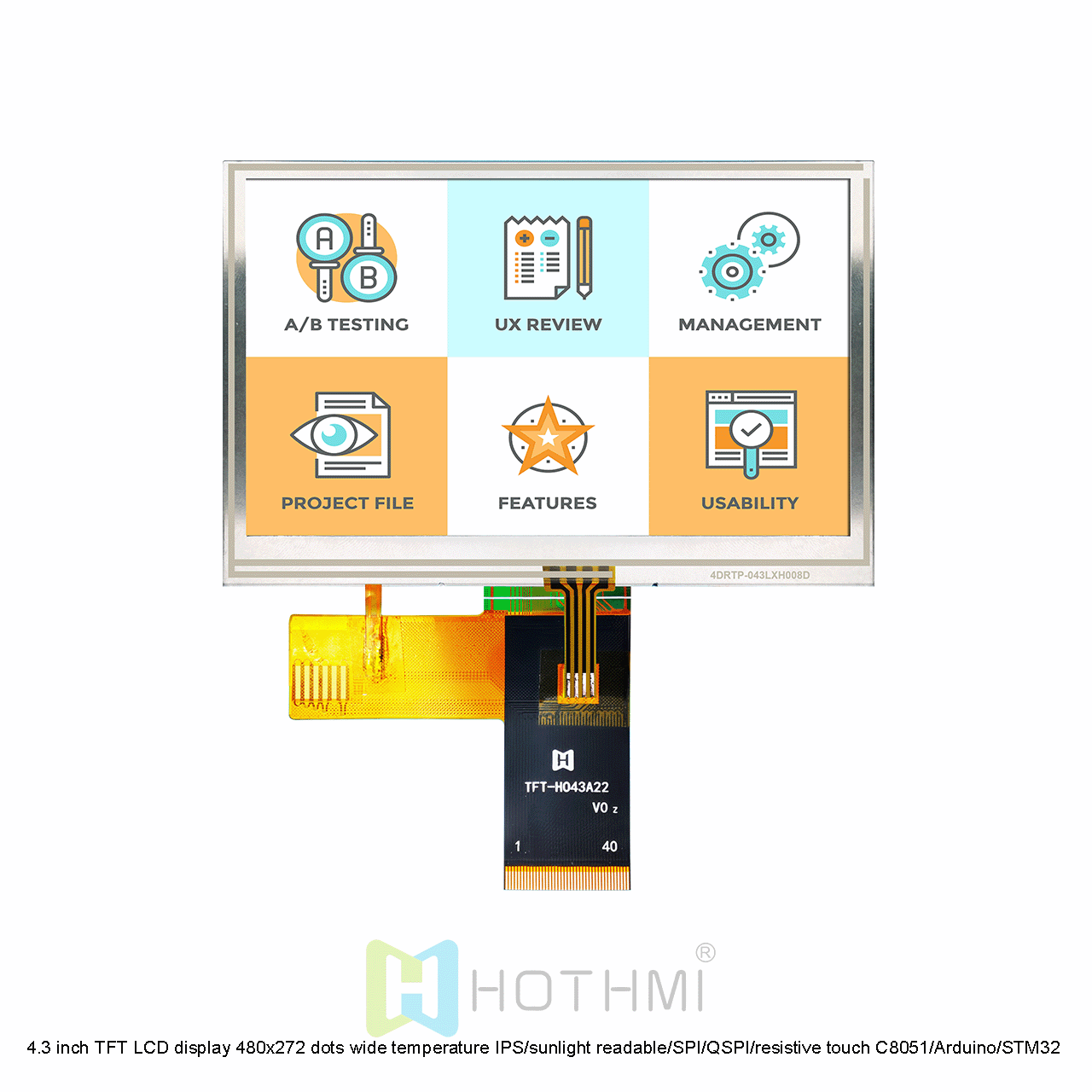 4.3英寸电阻式触摸TFT液晶显示屏，带QSPI接口