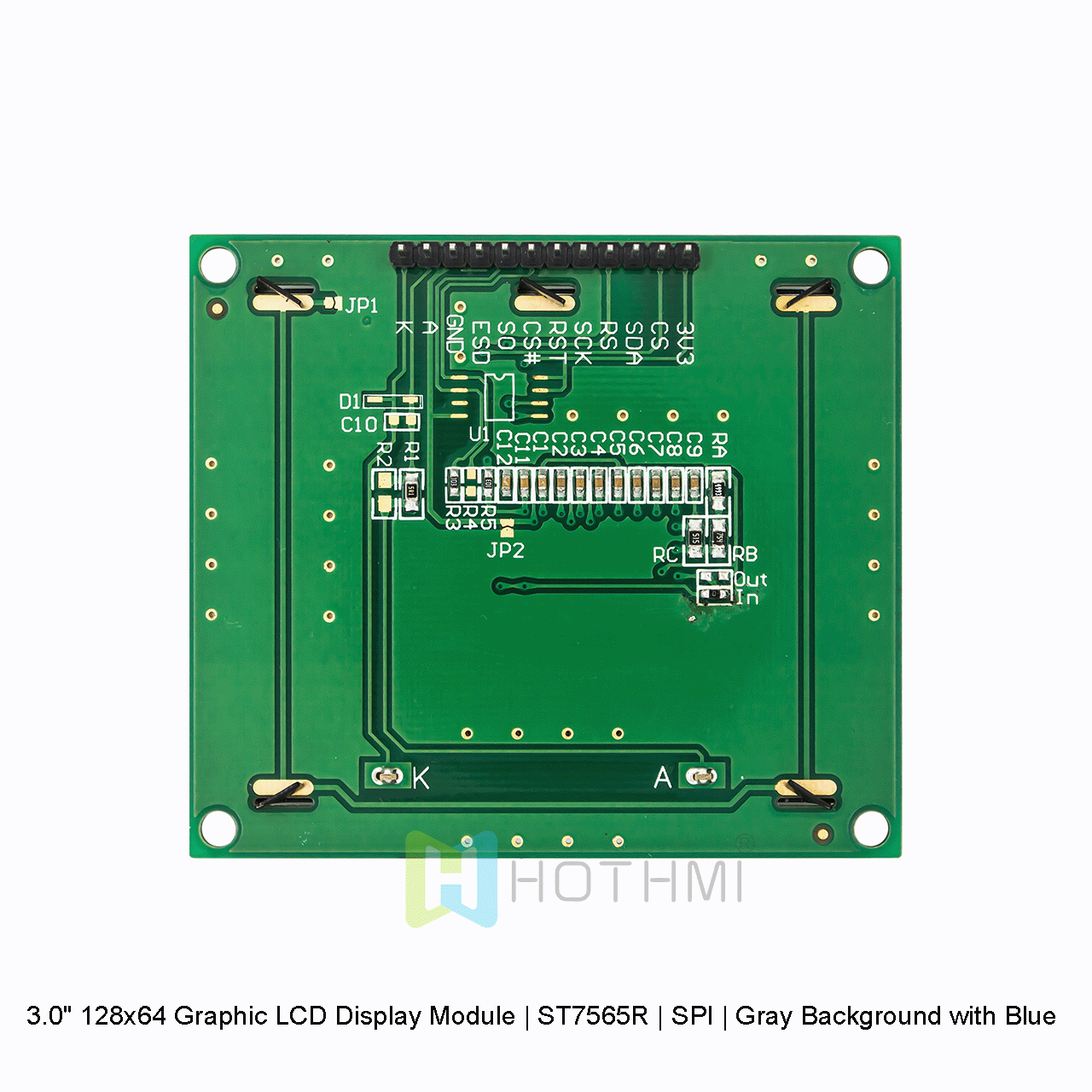 3.0 英寸 128x64 图形 LCD 显示模块 | ST7565R | SPI | 灰色背景带蓝色文本 | STN 正显示