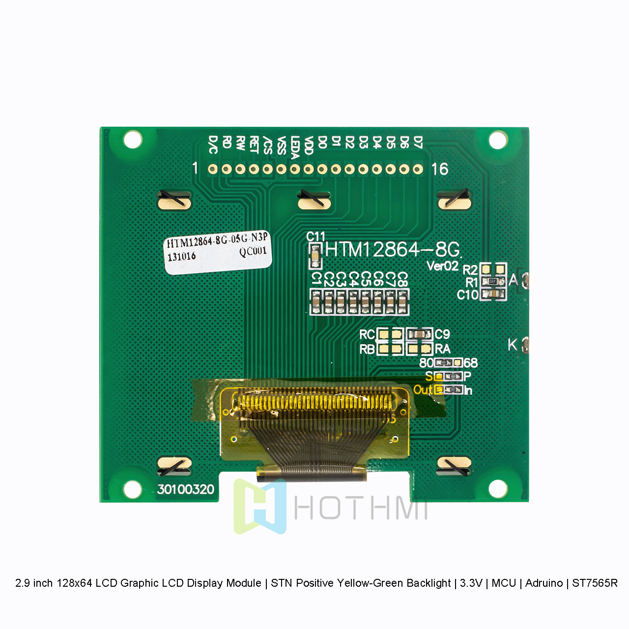 2.9 英寸 128x64 LCD图形液晶显示模块 | STN 正片黄绿背光 | 3.3V | MCU | Arduino| ST7565R 