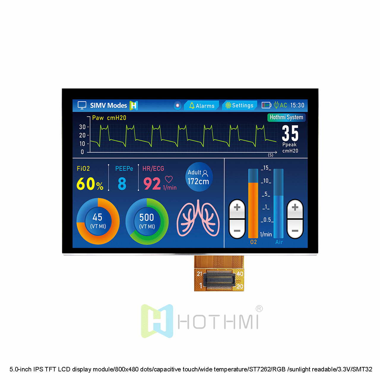 5.0英寸TFT LCD显示模块，带RTP，阳光下可读