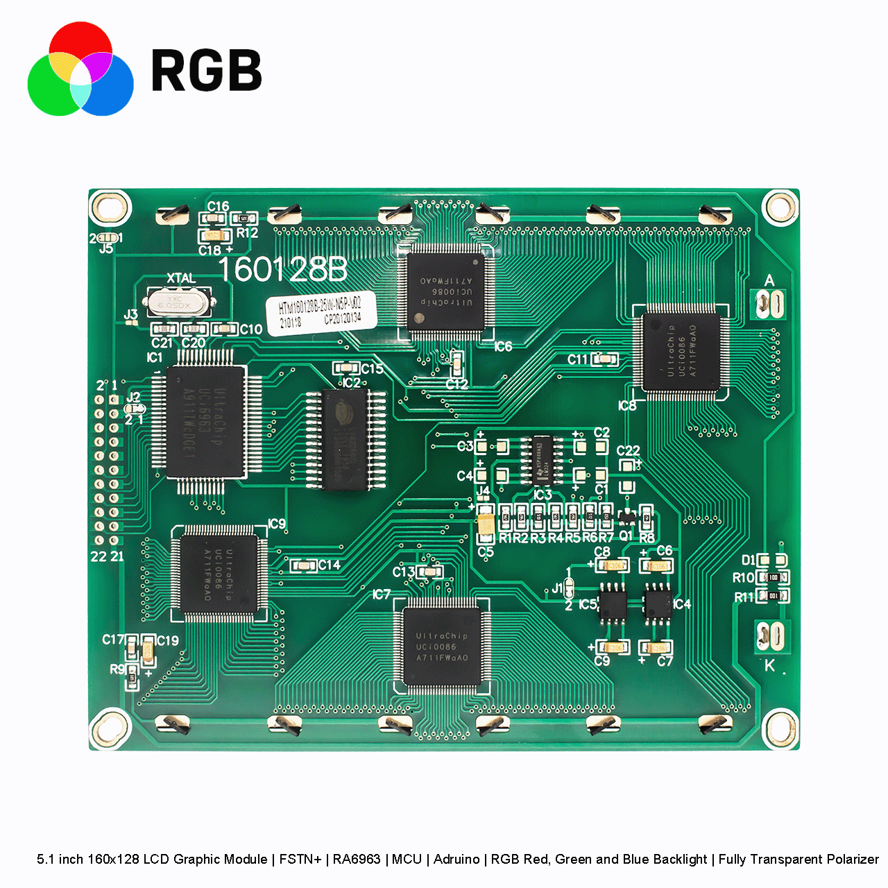 5.1 英寸 160x128 LCD 图形液晶模块 | FSTN+ | RA6963 | MCU | Arduino | RGB红绿蓝背光 | 全透偏光片