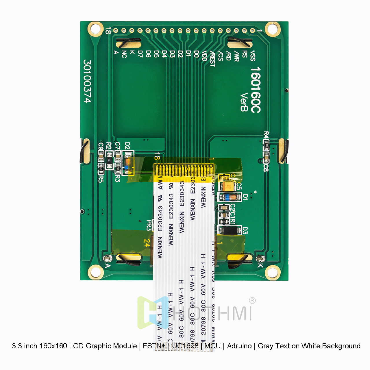 3.3 英寸 160x160 LCD 图形液晶模块 | FSTN+ | UC1698 | MCU | Arduino | 白底灰字