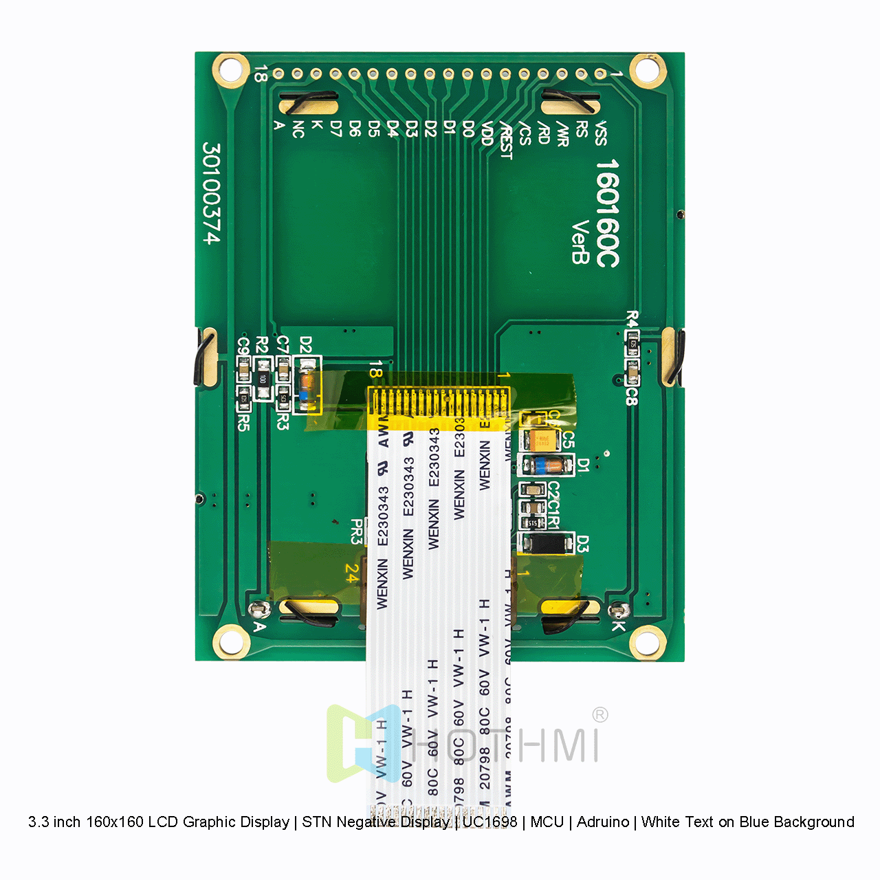 3.3 英寸 160x160 LCD 图形显示屏 | STN 负片显示屏 | UC1698 | MCU | Arduino | 蓝色背景配白色文字