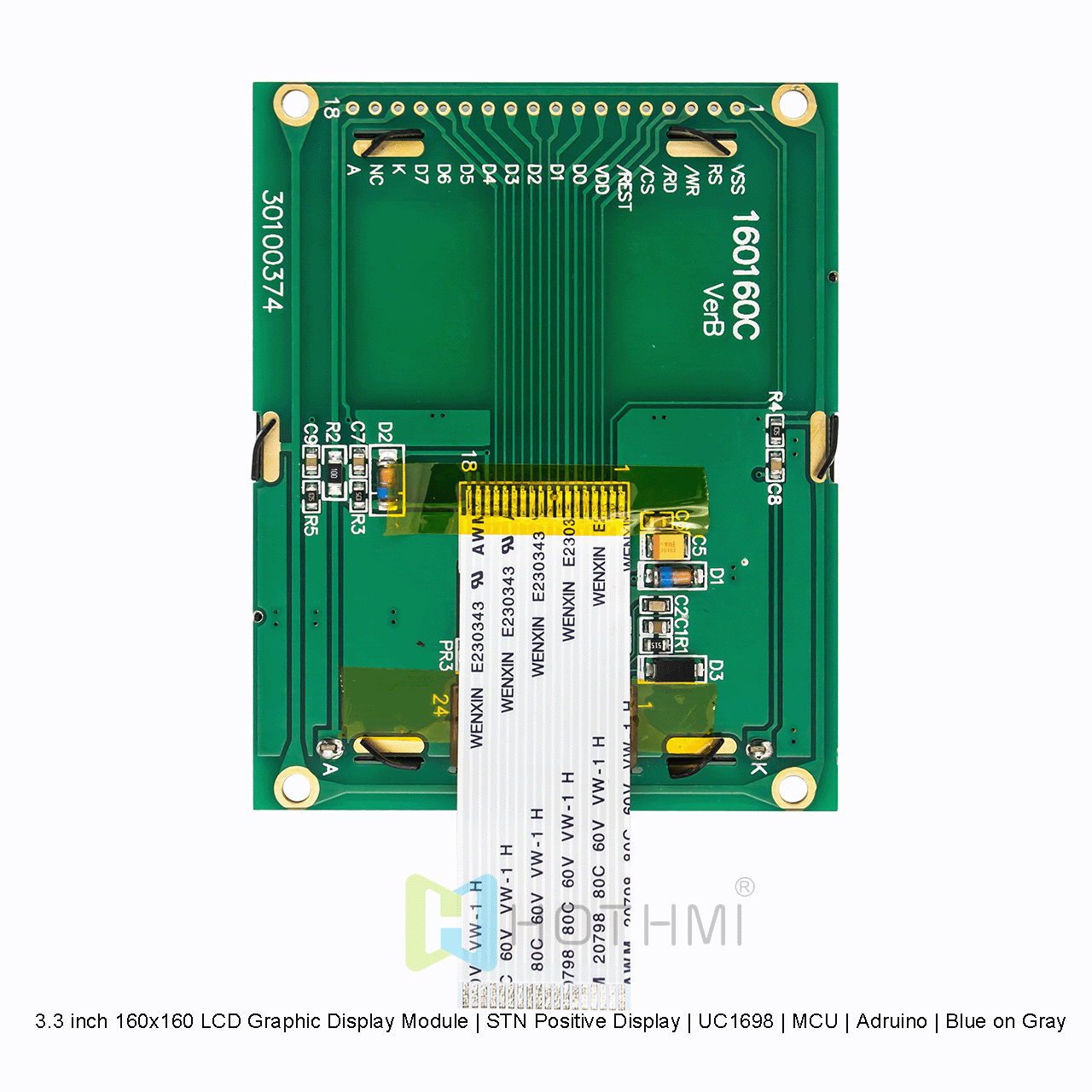 3.3 英寸 160x160 LCD 图形显示模块 | STN+显示屏 | UC1698 | MCU | Arduino | 灰底蓝字
