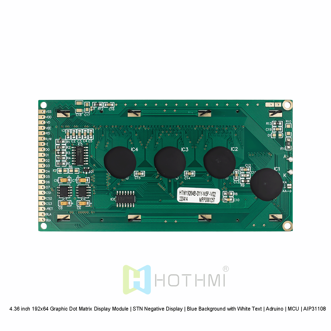 4.36寸192x64图形点阵显示模块 | STN负显 | 蓝底白字 | Arduino | MCU | AIP31108 