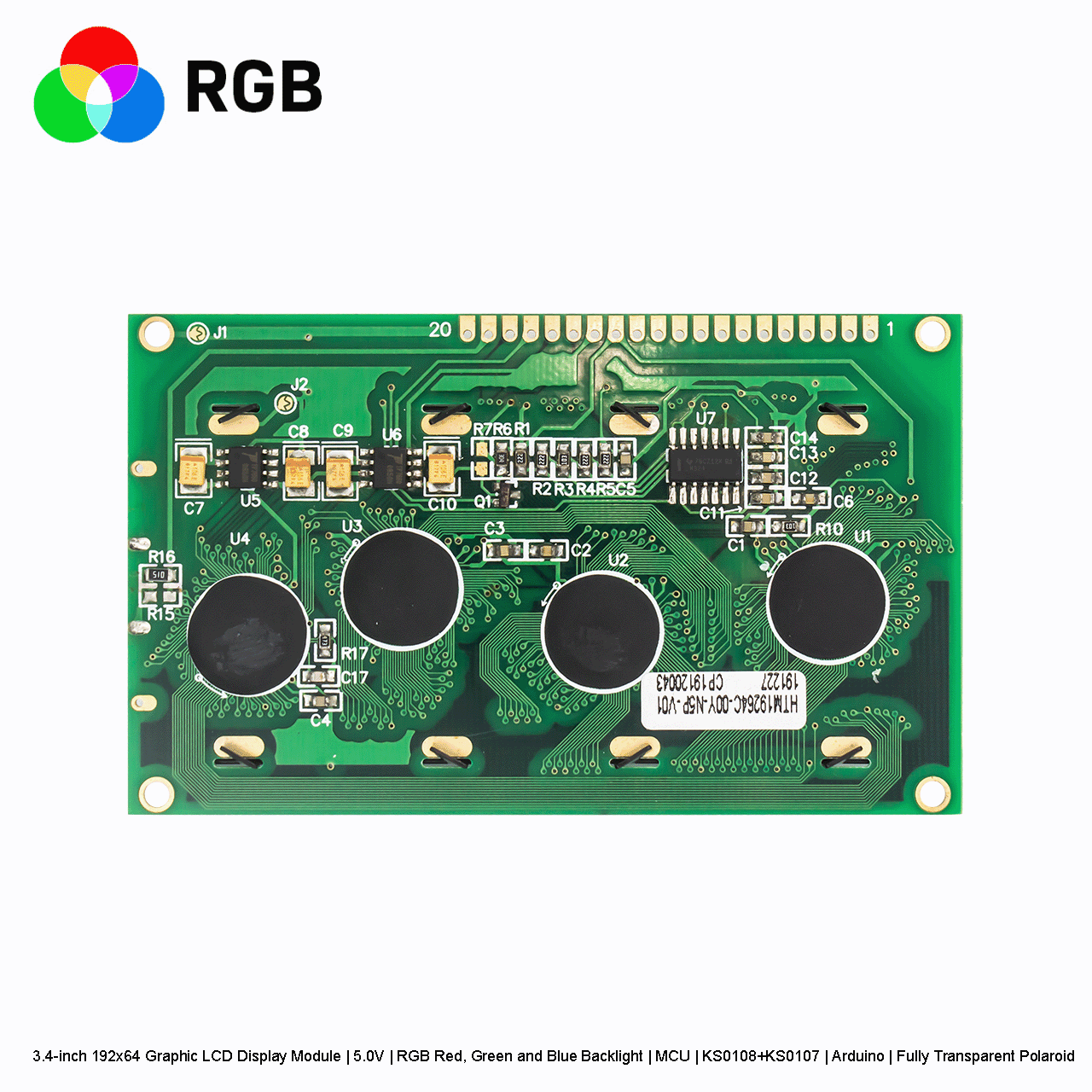 3.4英寸192x64 图形液晶显示模组 | 5.0V | RGB红绿蓝背光 | MCU | KS0108+KS0107 | Arduino | 全透偏光片