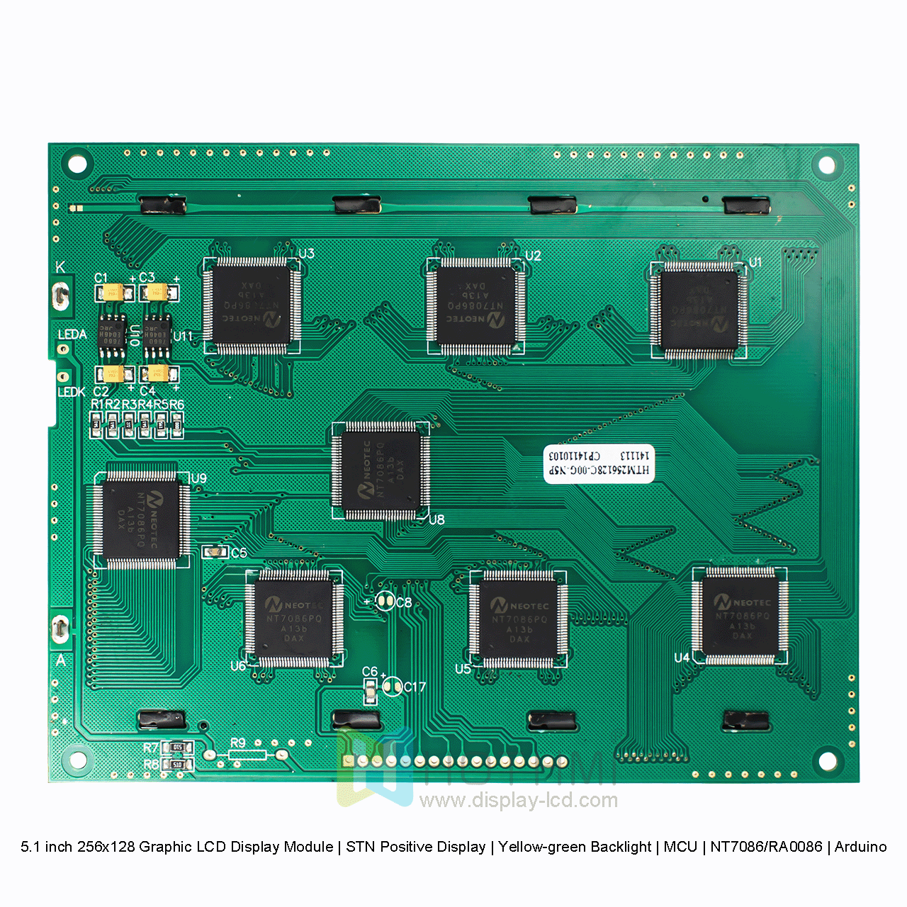 5.1寸256x128图形LCD显示模块  | STN正显 | 黄绿背光 | MCU | NT7086/RA0086 | Arduino