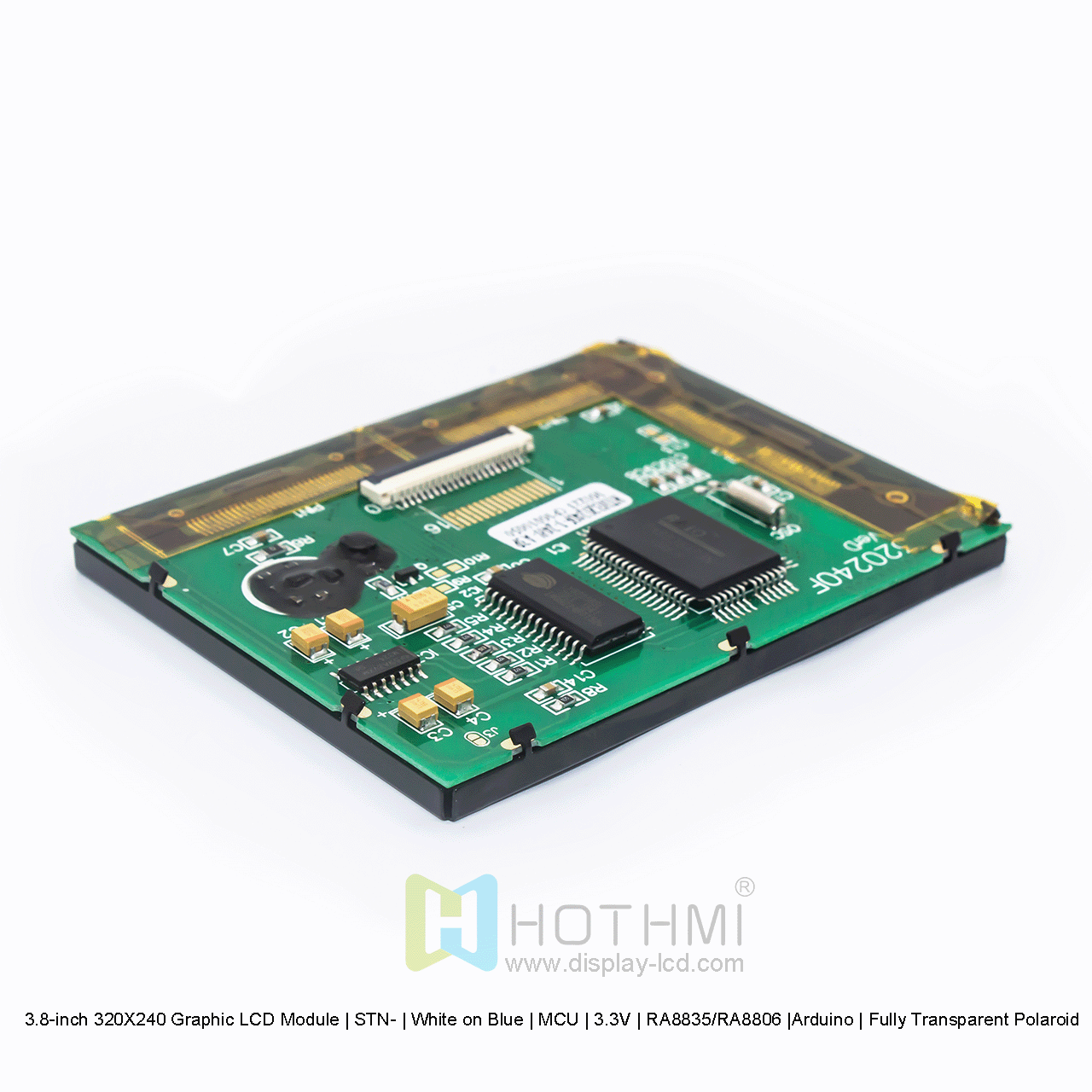 3.8寸320X240 图形液晶模块 | STN- | 蓝底白字|  MCU | 3.3V | RA8835/RA8806 |Arduino | 全透偏光片