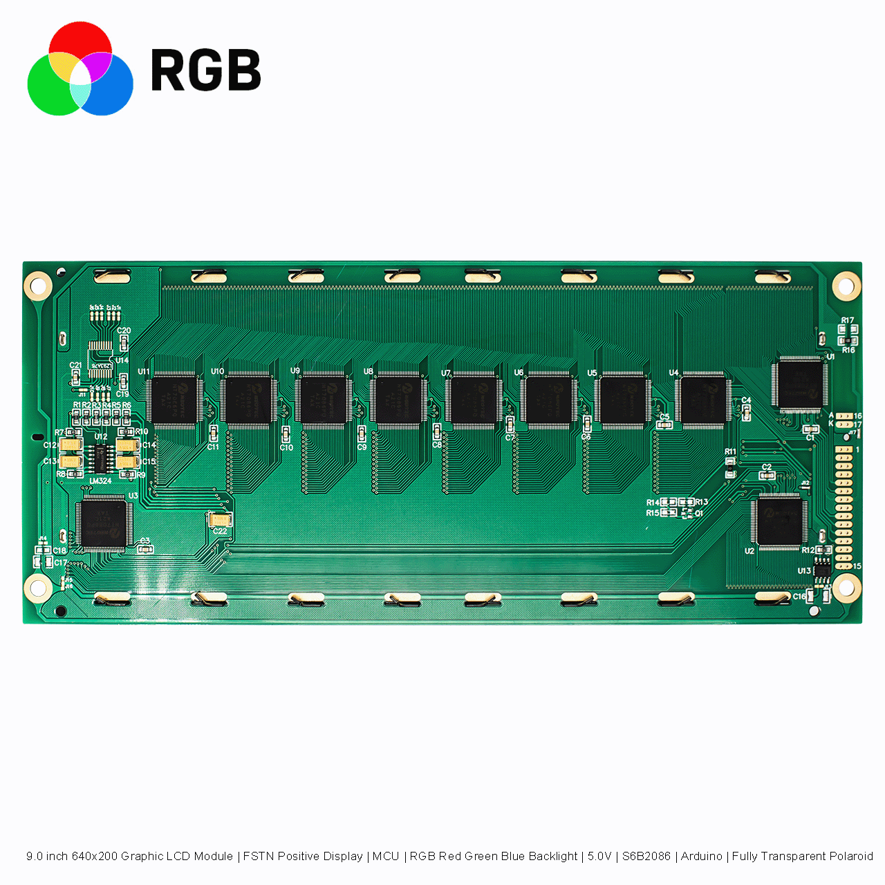 9.0寸640x200图形LCD液晶显示模组 | FSTN正显示 |  MCU |RGB红绿蓝背光 | 5.0V | S6B2086 | Arduino | 全透偏光片