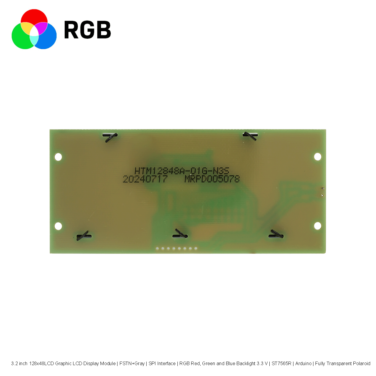 3.2寸128x48LCD 图形液晶显示模组 | FSTN+灰 | RGB红绿蓝背光 3.3 V | ST7565R | Arduino | 全透偏光片