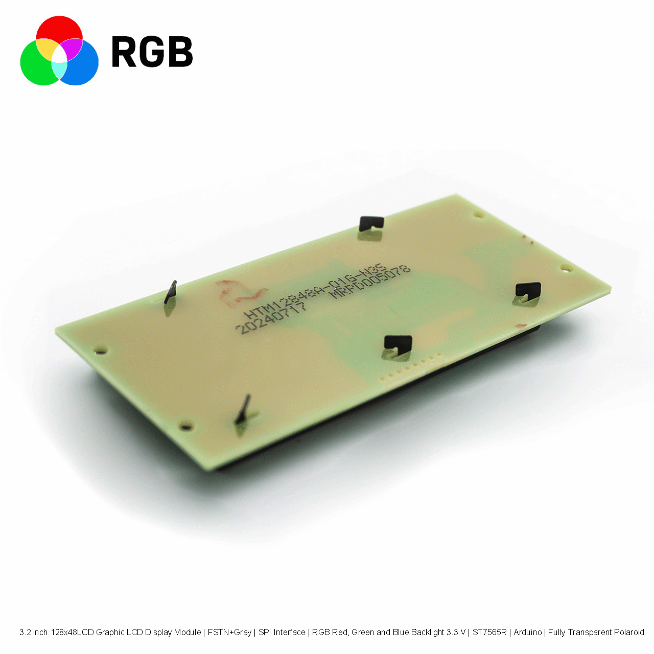 3.2寸128x48LCD 图形液晶显示模组 | FSTN+灰 | RGB红绿蓝背光 3.3 V | ST7565R | Arduino | 全透偏光片