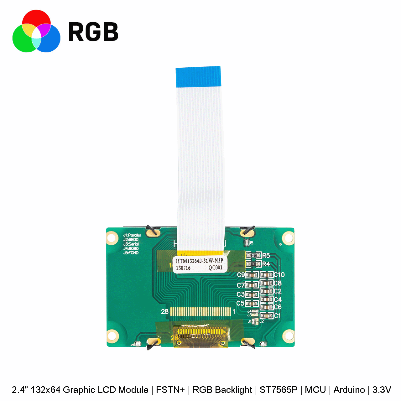 2.4寸132x64 图形 LCD 模块 | FSTN+ | 红绿蓝背光 | ST7565P | MCU | Arduino | 3.3V