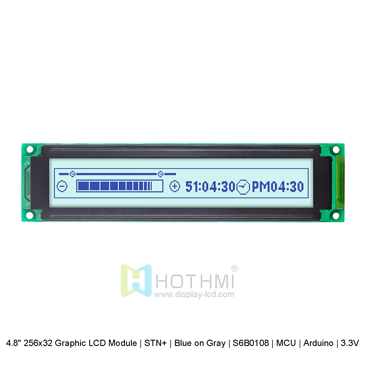 图形 LCD 模块 | STN+ | 4.8寸256x32 灰底蓝字 | S6B0108 | MCU | Arduino | 3.3V