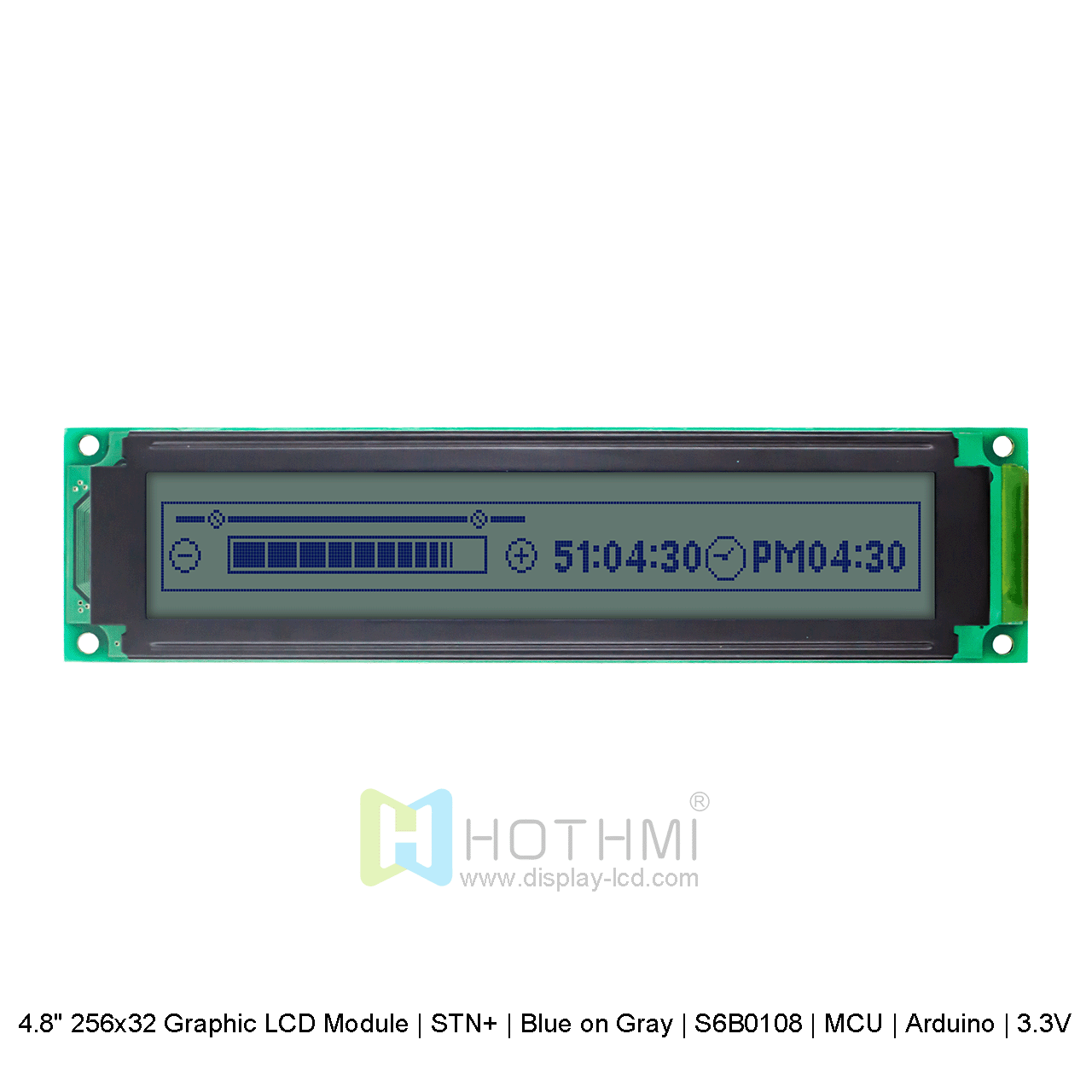 图形 LCD 模块 | STN+ | 4.8寸256x32 灰底蓝字 | S6B0108 | MCU | Arduino | 3.3V