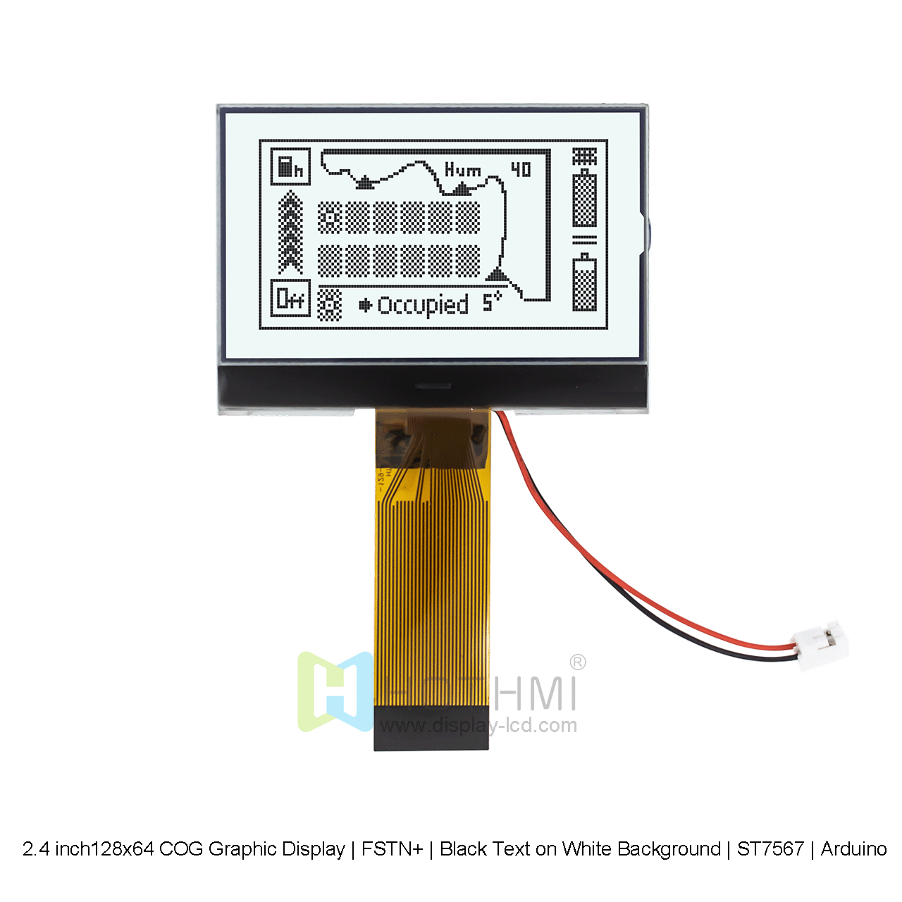 2.4 inch 128x64 Graphic LCD COG | 12864 COG Graphic Display | FSTN+ | Black Text on White Background | ST7567 | Arduino