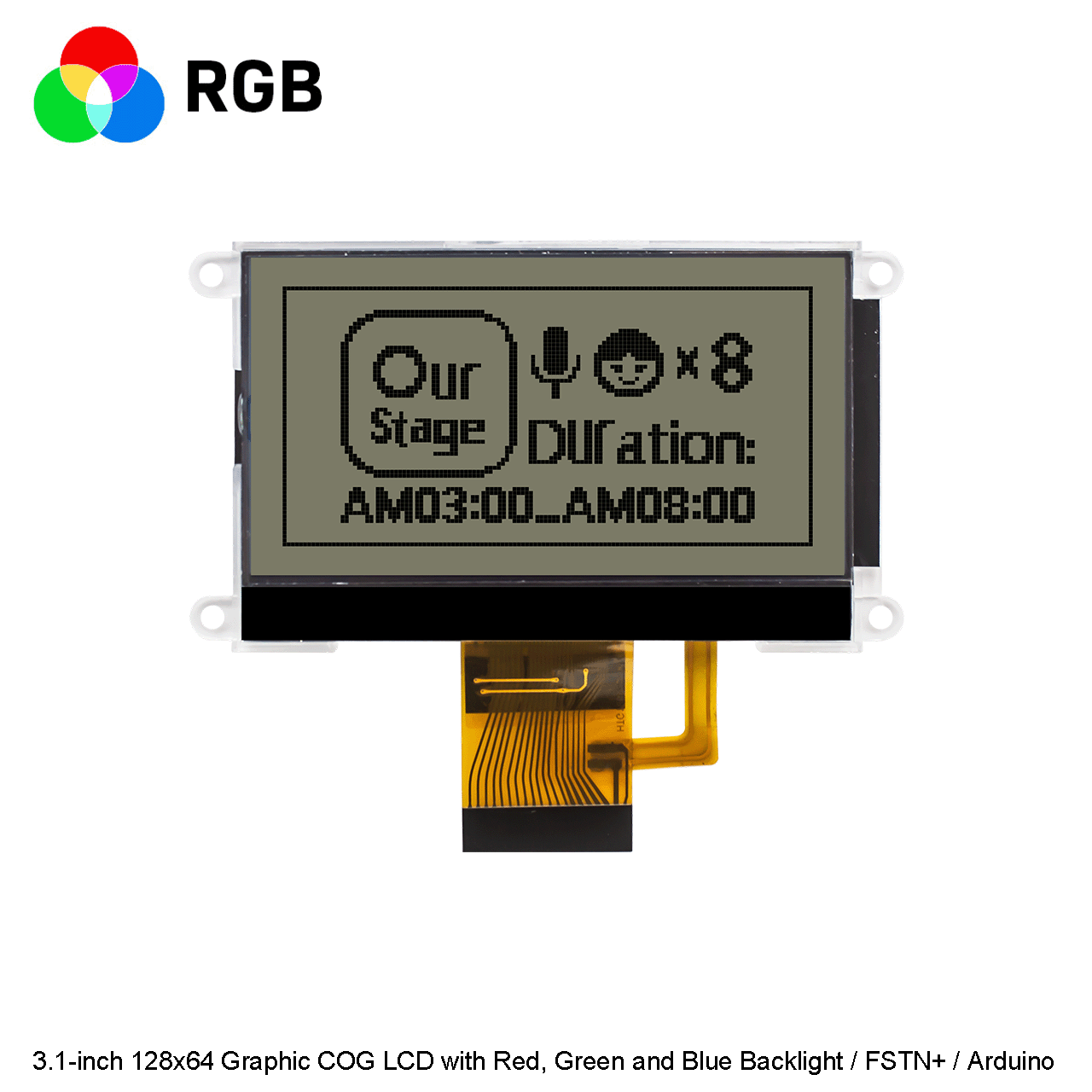 3.1 英寸 128x64图形COG LCD 显示屏 /红绿蓝背光的LCD/FSTN+/MCU 接口/ST7565R 控制器/Arduino