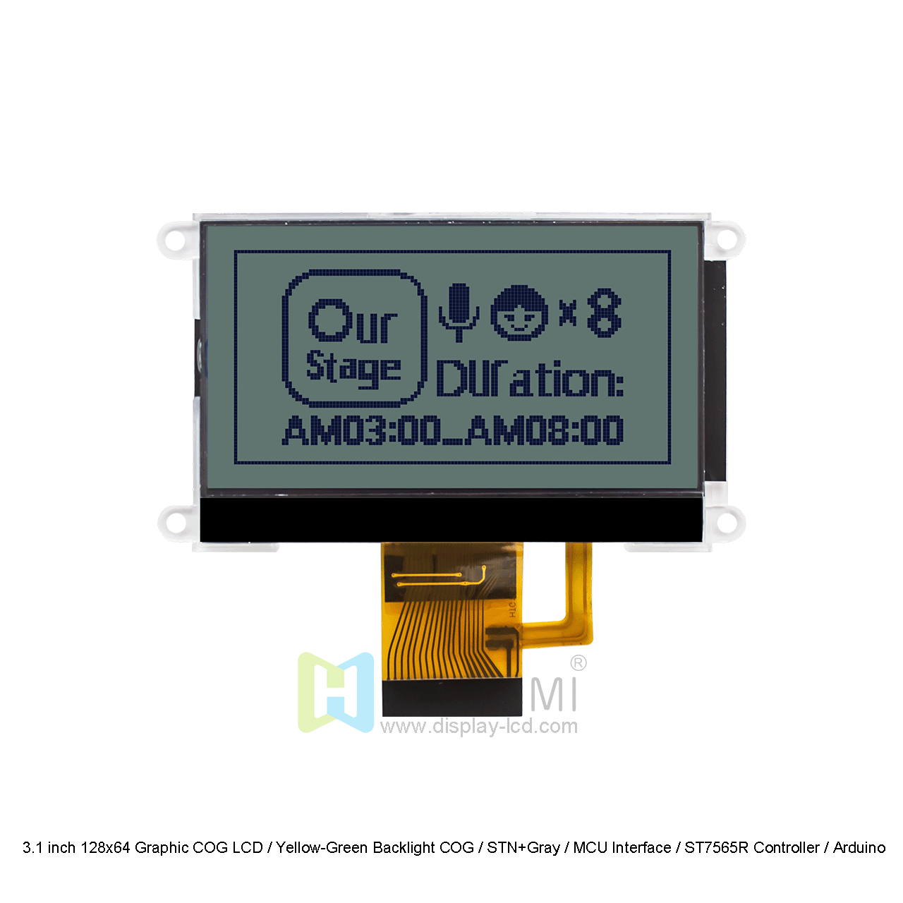 3.1 英寸 128x64图形COG LCD /黄绿背光COG/STN+灰/MCU 接口/ST7565R 控制器/Arduino