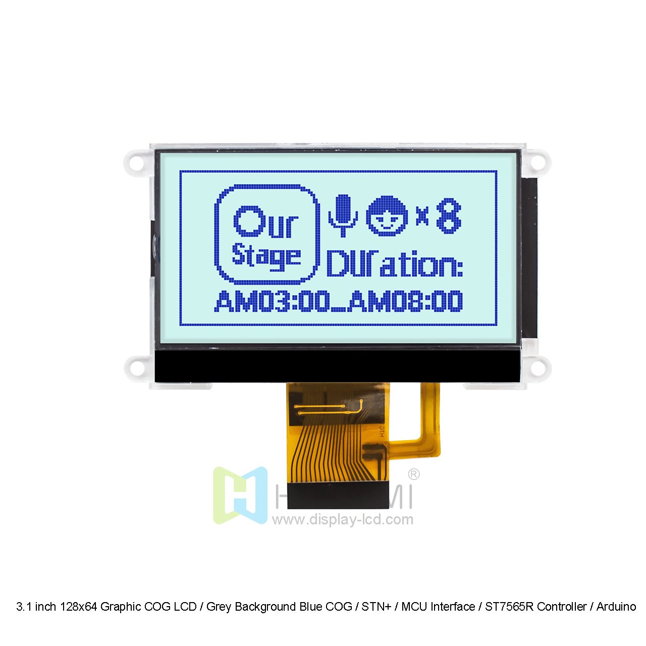 3.1 英寸 128x64图形COG LCD /灰底蓝字COG/STN+/MCU 接口/ST7565R 控制器/Arduino