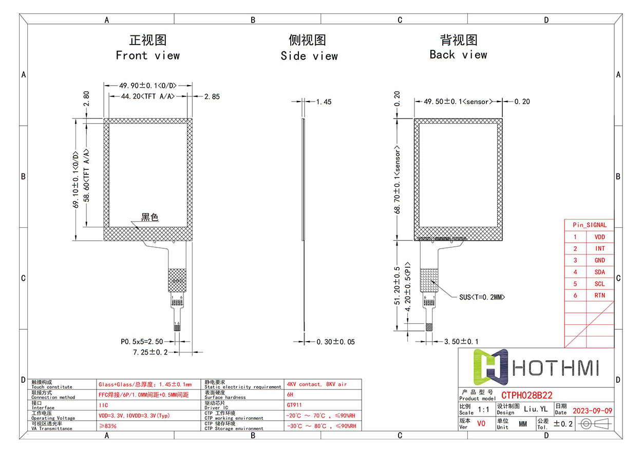 2.8寸电容屏 - GT911控制芯片 - I2C接口FPC插接触控面板