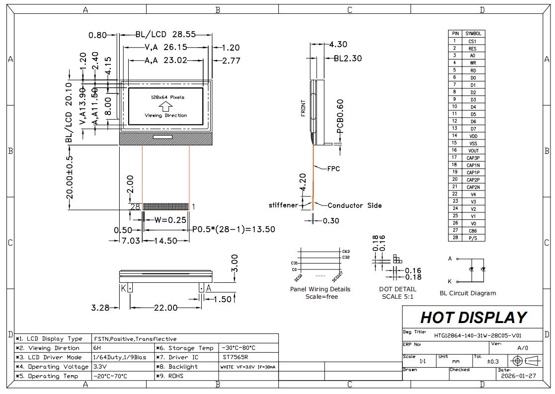 128x64 COG LCD 显示屏，FSTN 正显屏，采用 ST7565R 芯片