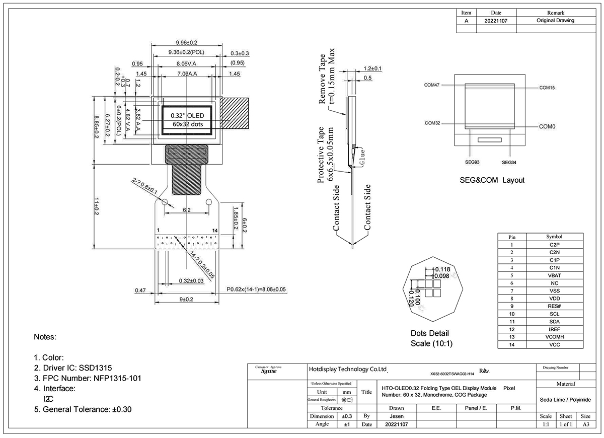 0.32英寸白色oled/60x32点阵OLED显示屏/I2C接口图形OLED显示屏/SSD1315控制器/FPC软排线/Arduino