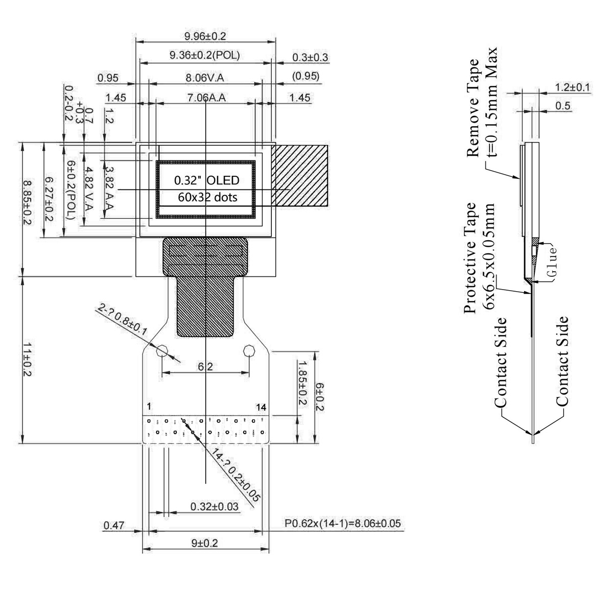 0.32英寸白色oled/60x32点阵OLED显示屏/I2C接口图形OLED显示屏/SSD1315控制器/FPC软排线/Arduino