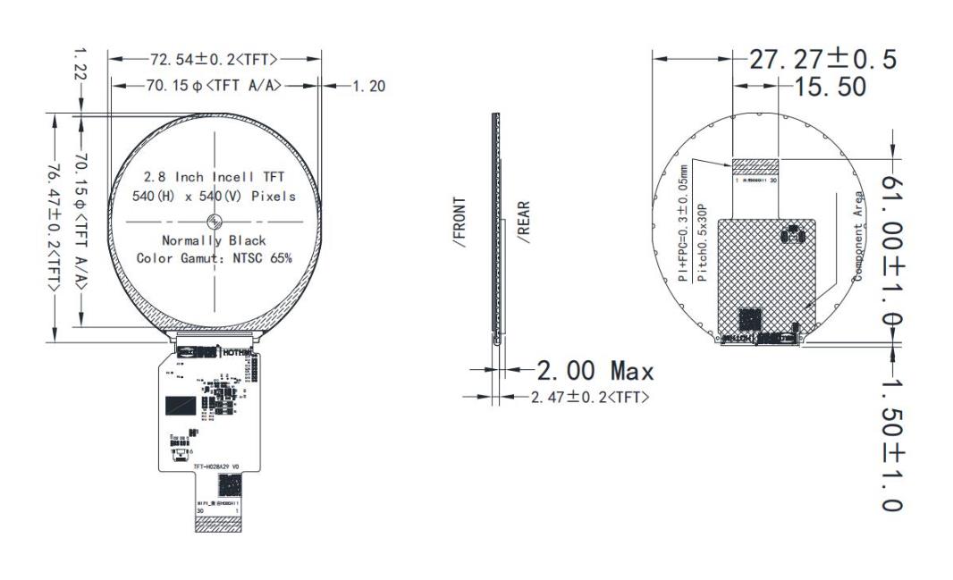2.8寸MIPI DSI圆形TFT液晶显示屏AXS15260D控制器
