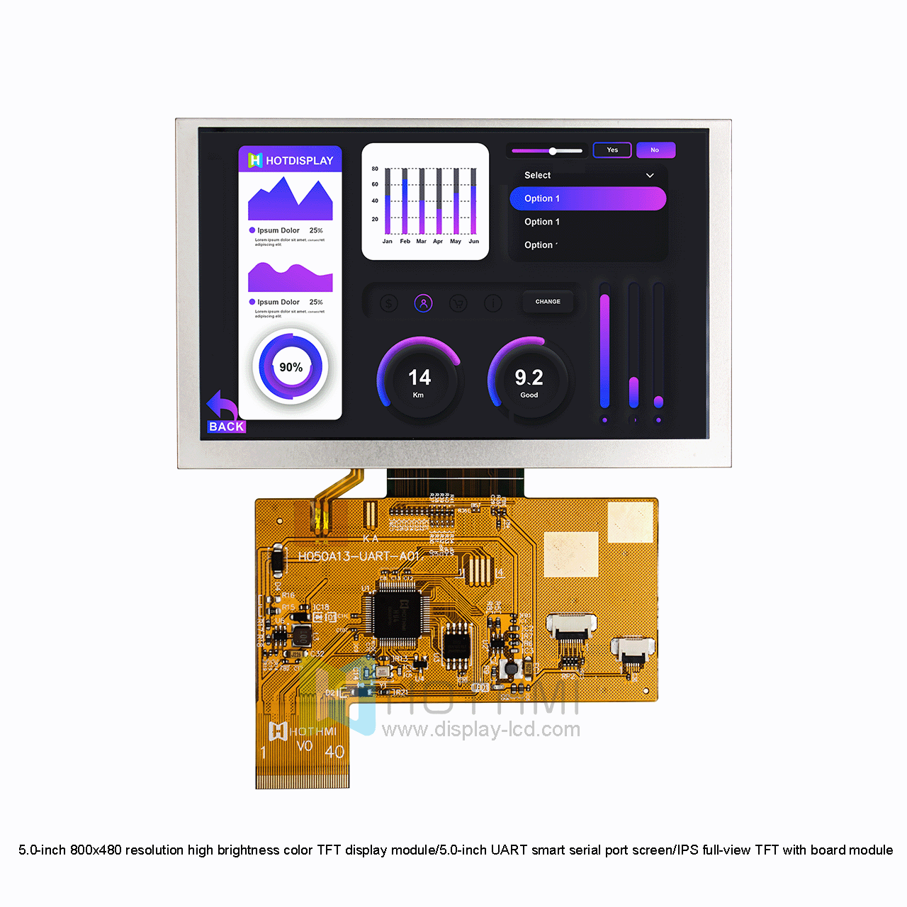 5.0 英寸 TFT LCD 显示屏 | 800x480 分辨率，高亮度