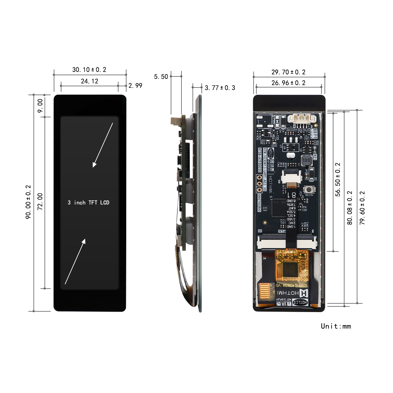 3.0寸TFT LCD 智能串口屏268x800 电容触控显示屏