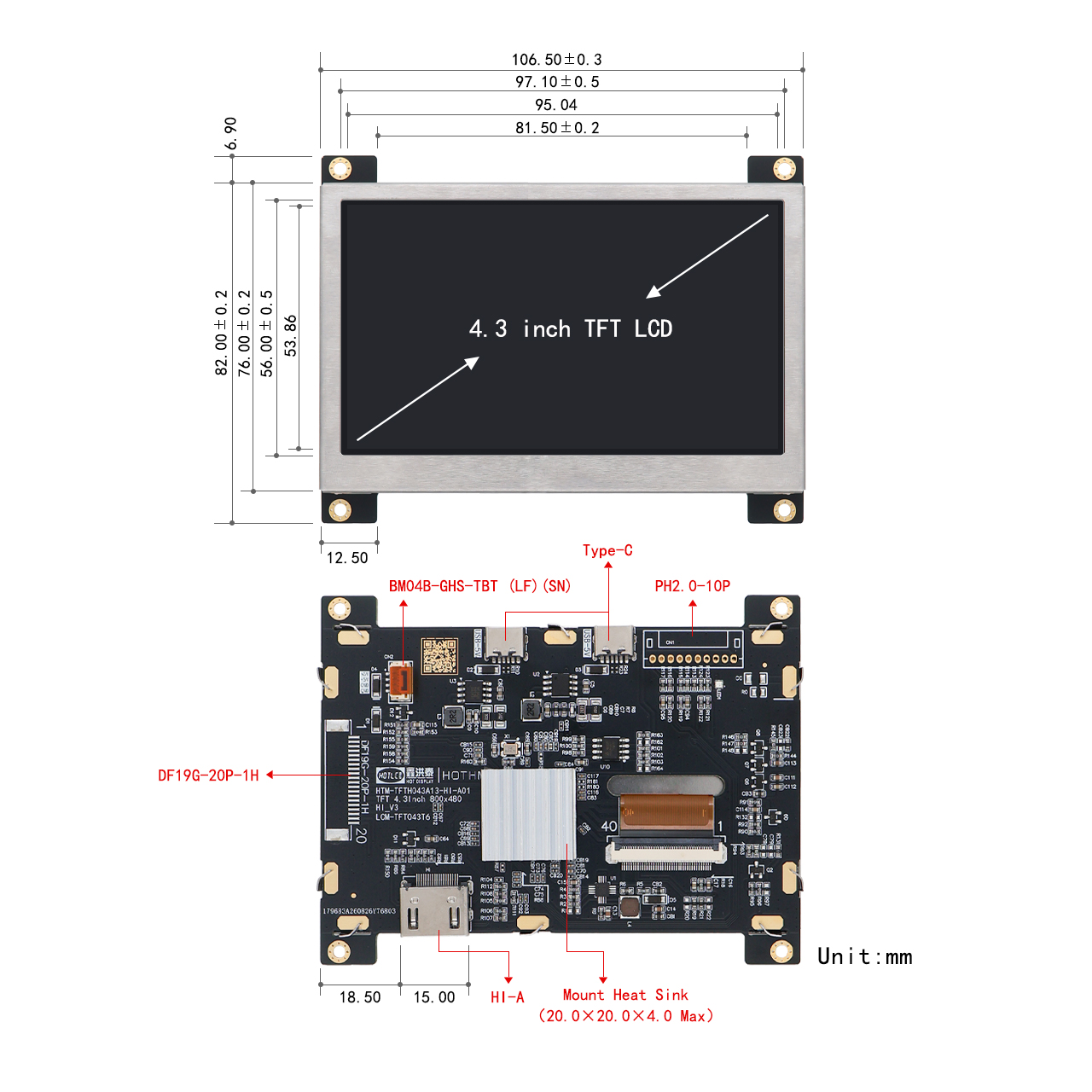 4.3寸高亮度HI TFT 显示屏模组800x480分辨率