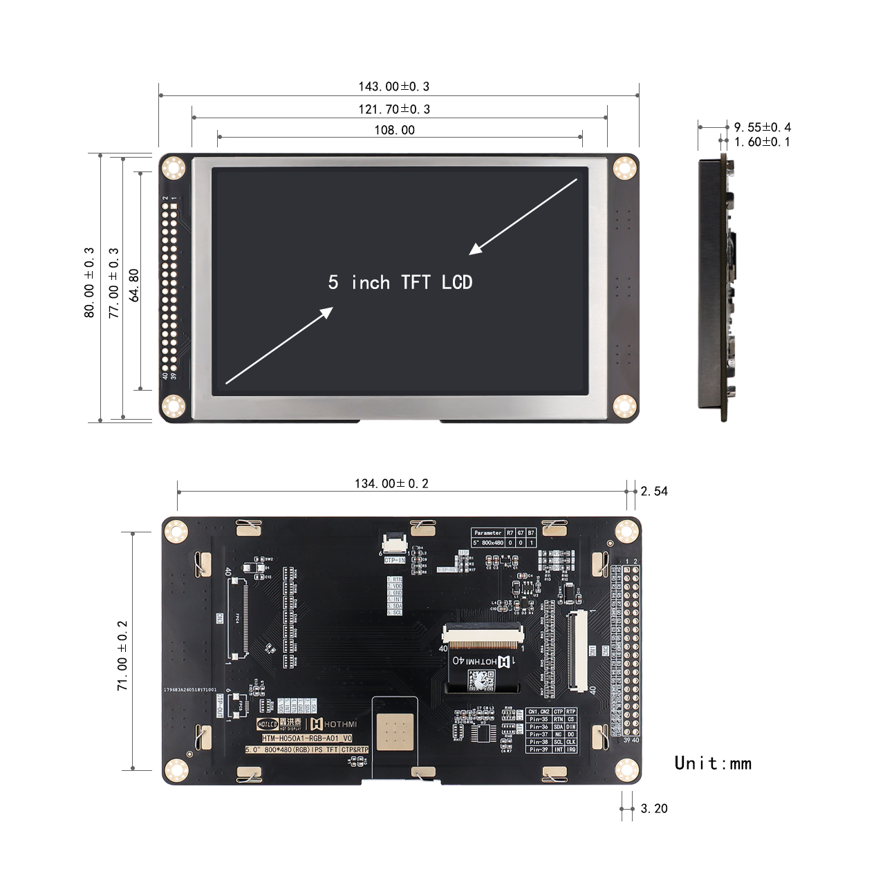 5寸STM32高亮度TFT LCD智能显示屏800x480 显示模组