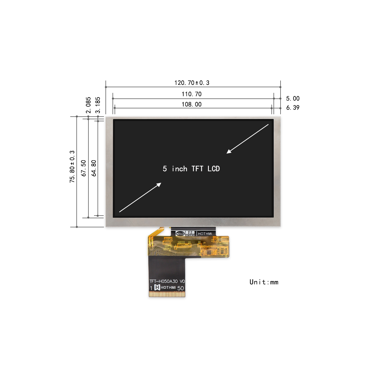 5.0寸超高亮度显示屏800x480 TFT LCD，适用于户外仪器