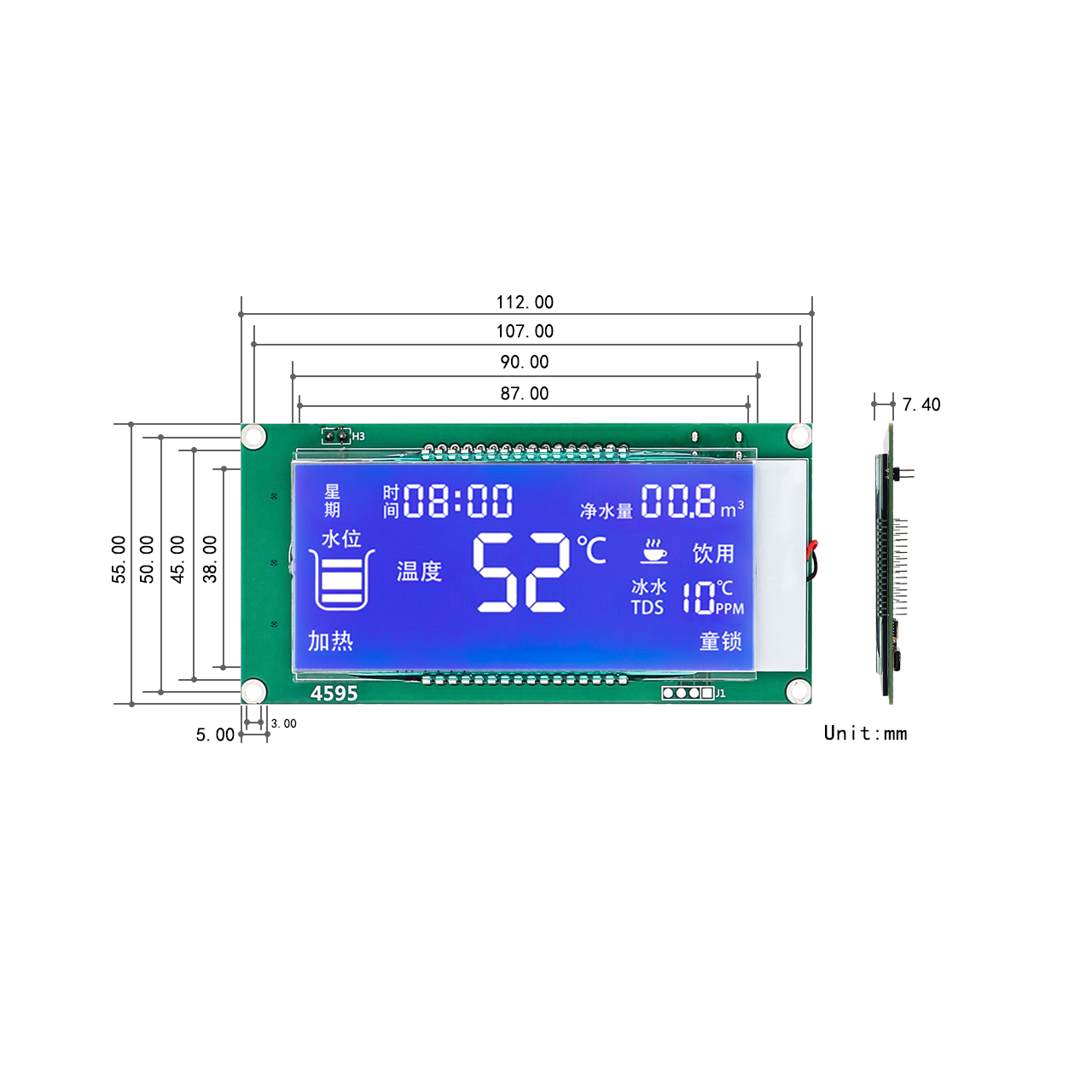 STN 蓝底负显LCD 显示屏饮水机显示屏